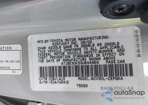 2003 Toyota Camry Xle из США, поврежденный, VIN 4T1BE30K53U644969